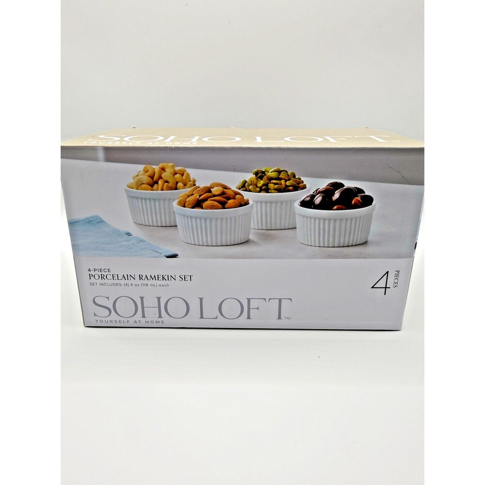 SOHO Loft 4 Pc Porcelain Ramekin Set White Oven Safe Baking Bowls Kitchen Dish